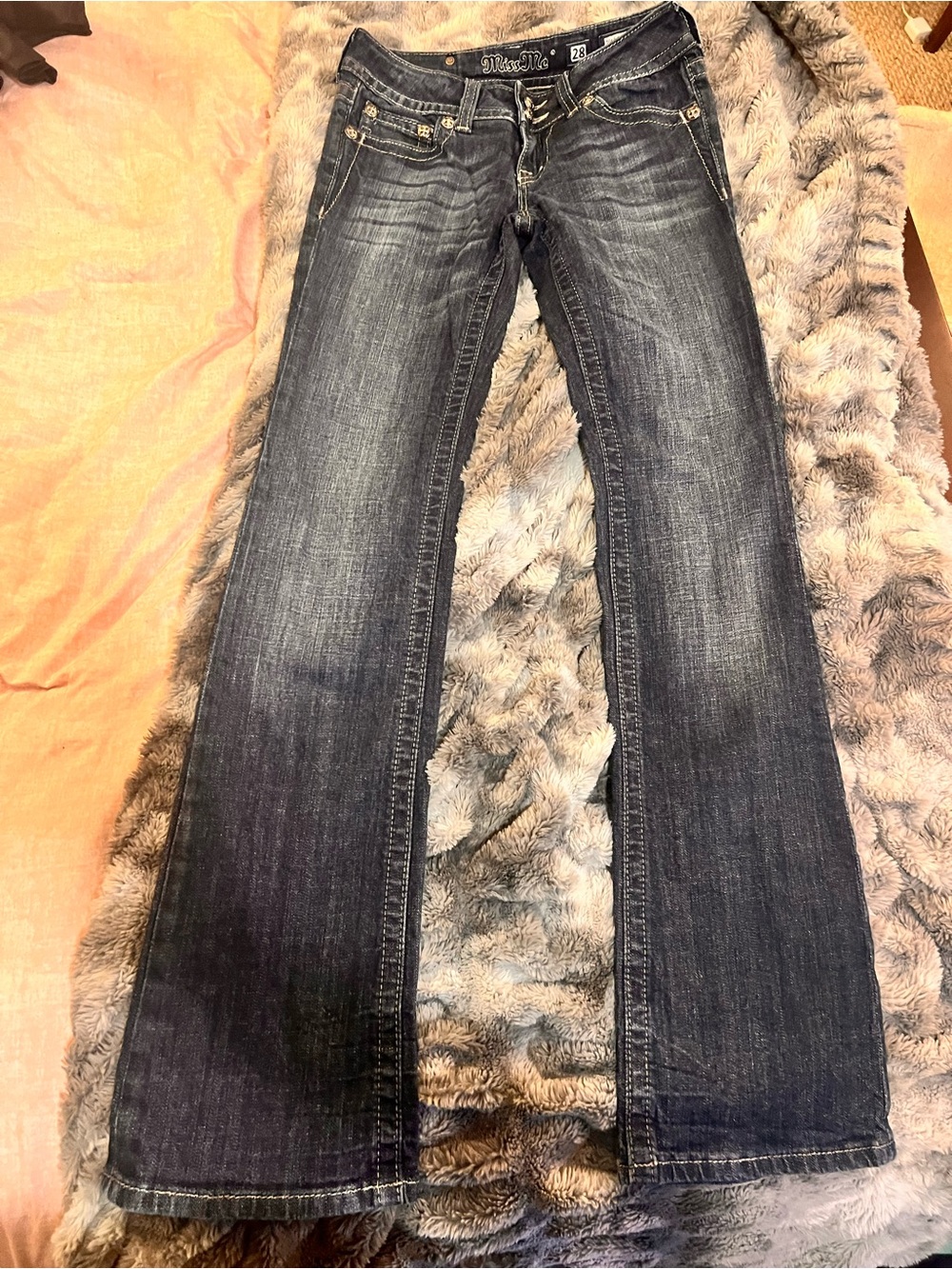 Miss Me Dark Indigo Bootcut Jeans with Faded Whiskering